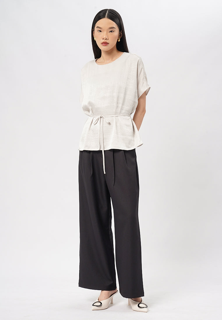 Round Neck Blouse with Belt String Lt. Beige