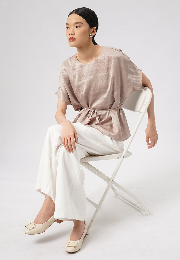 Round Neck Blouse with Belt String Beige