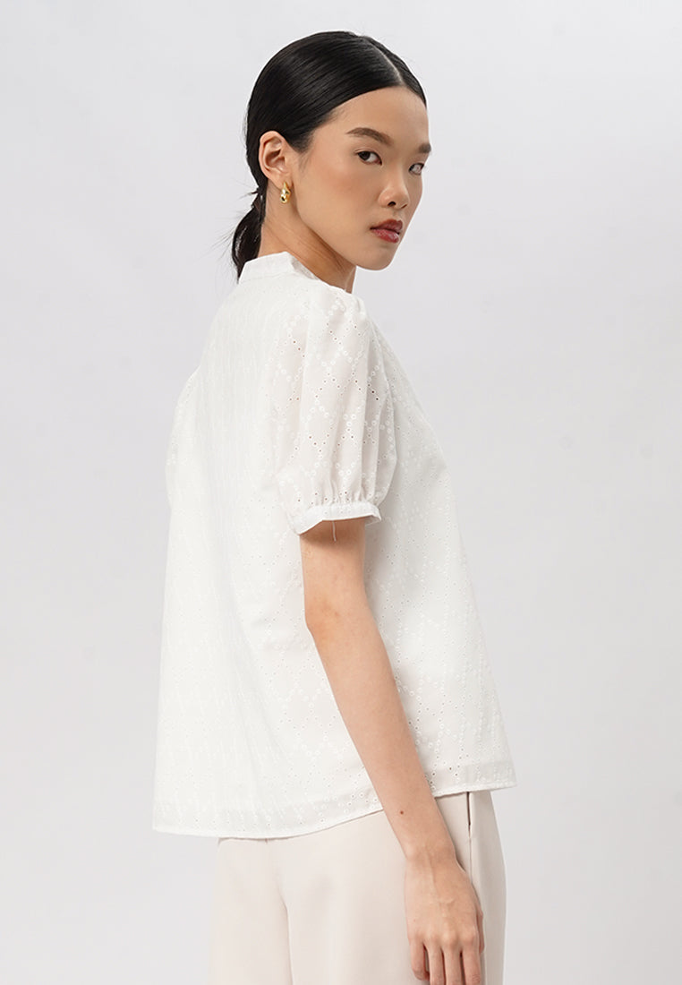 Short Sleeves V-Neck Eyelet Blouse