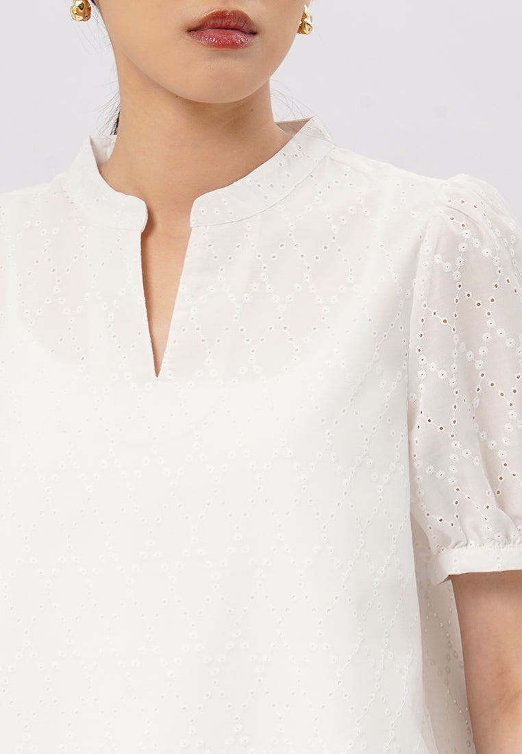 Short Sleeves V-Neck Eyelet Blouse