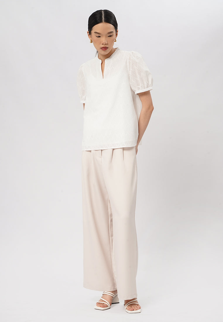 Short Sleeves V-Neck Eyelet Blouse