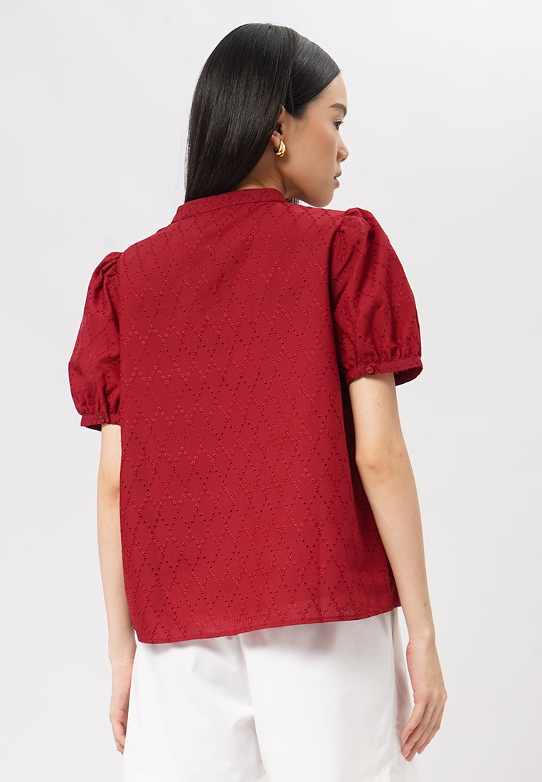 Short Sleeves V-Neck Eyelet Blouse
