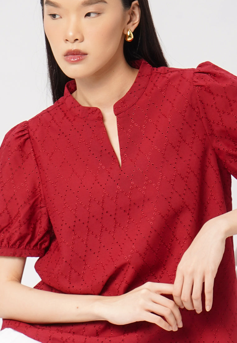 Short Sleeves V-Neck Eyelet Blouse