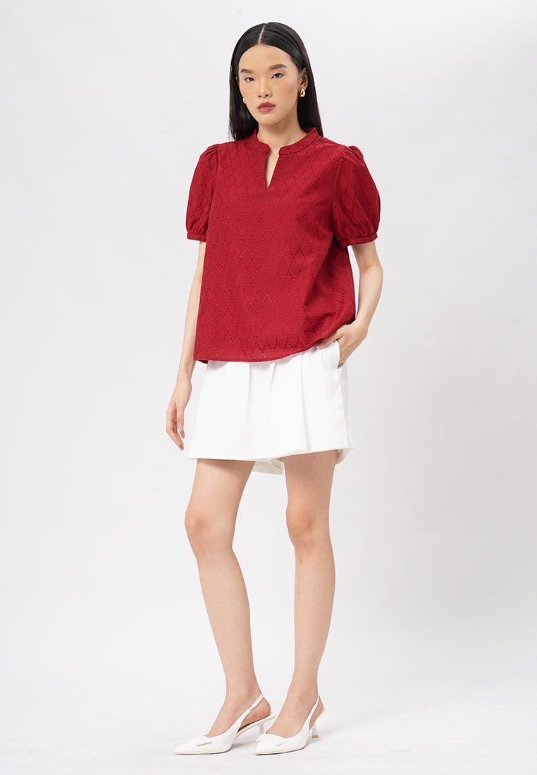 Short Sleeves V-Neck Eyelet Blouse