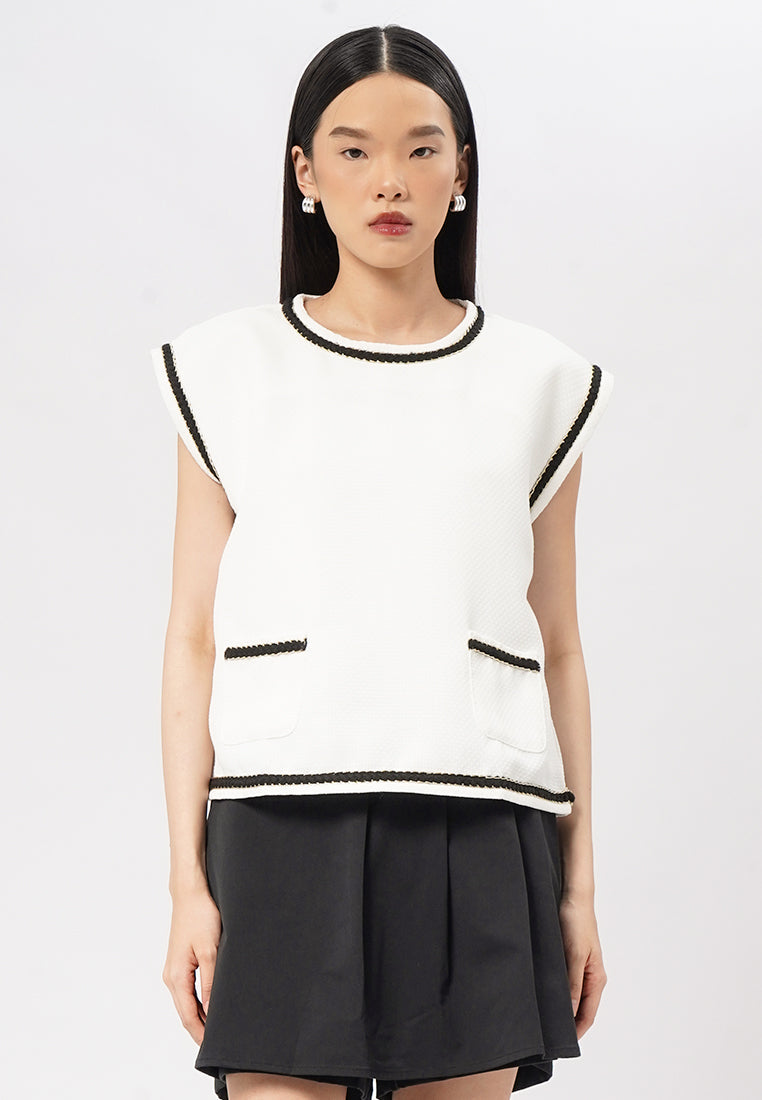 Round Neck Short Sleeve Tweed Top