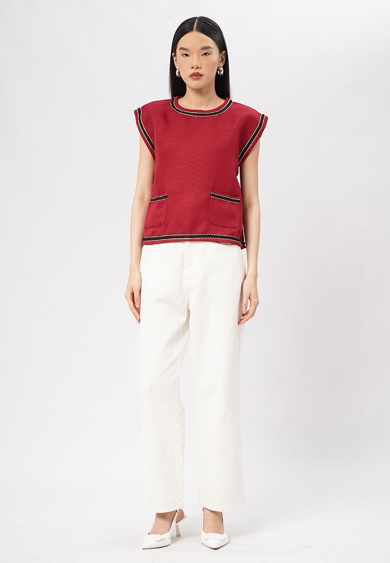 Round Neck Short Sleeve Tweed Top