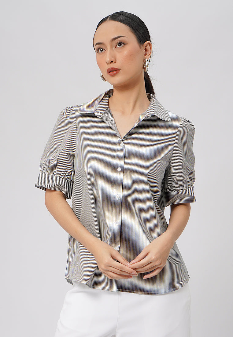 Short Sleeve Stripes Blouse Black