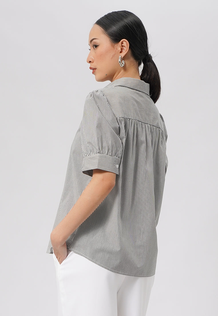 Short Sleeve Stripes Blouse Black