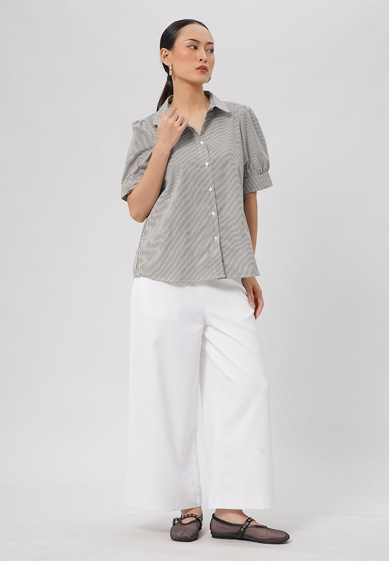 Short Sleeve Stripes Blouse Black