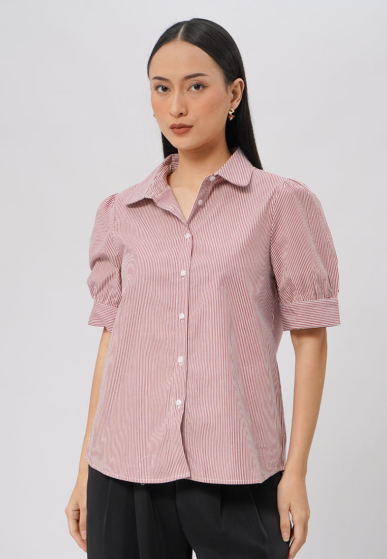Short Sleeve Stripes Blouse Dark Red