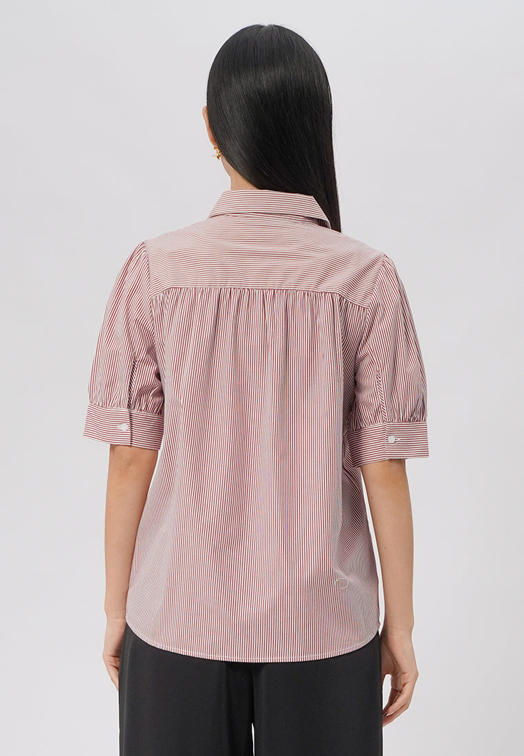 Short Sleeve Stripes Blouse Dark Red