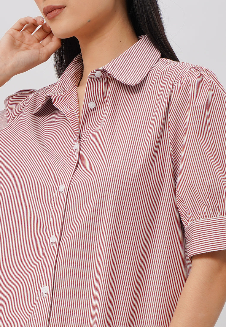 Short Sleeve Stripes Blouse Dark Red