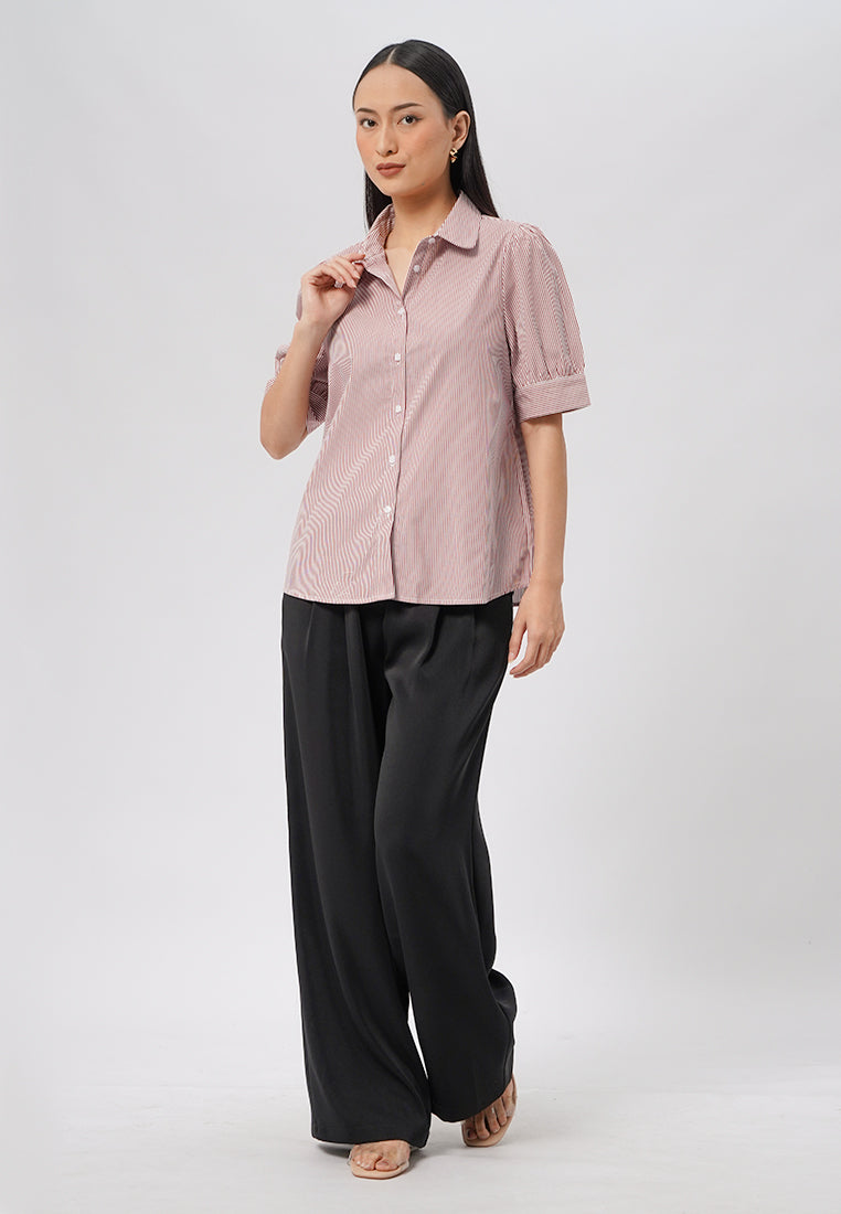 Short Sleeve Stripes Blouse Dark Red