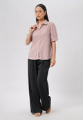Short Sleeve Stripes Blouse Dark Red