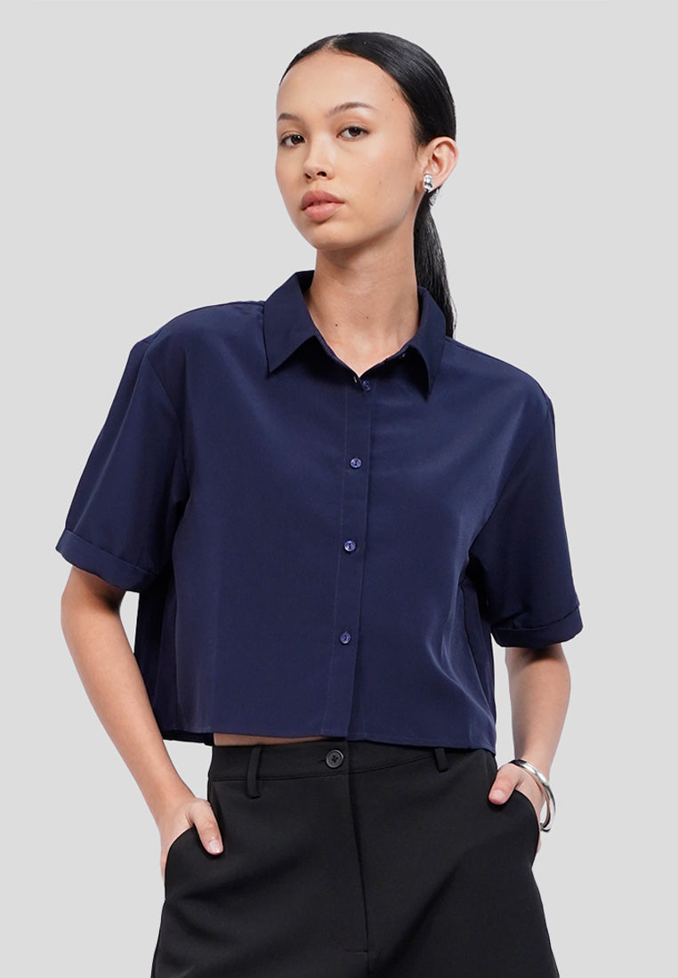 Back Pleats Short Sleeve Crop Shirt
