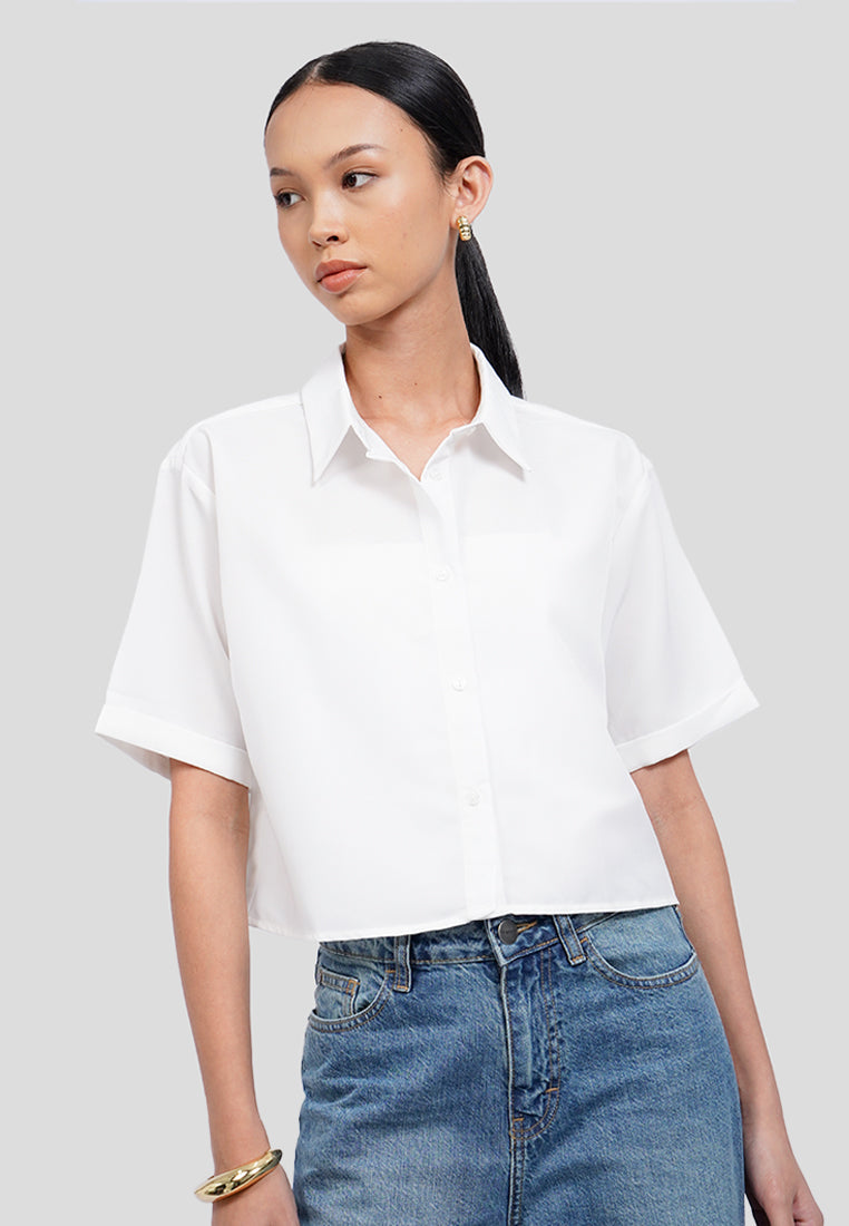 Back Pleats Short Sleeve Crop Shirt