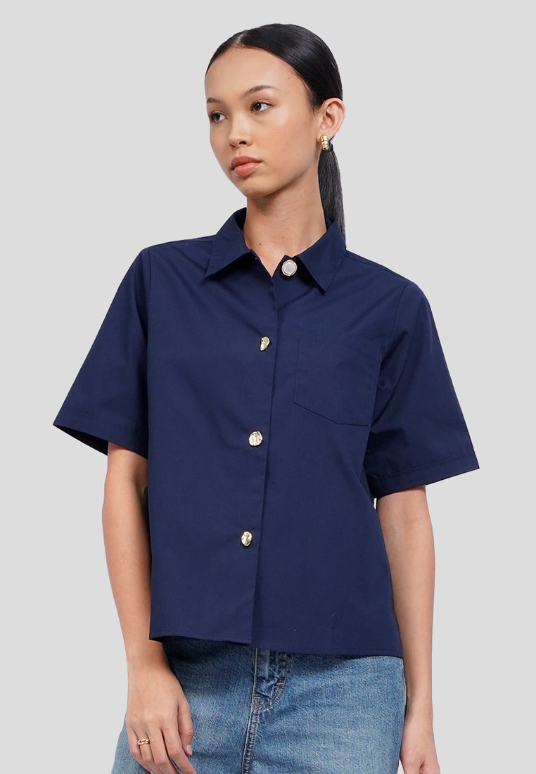 Short Sleeve Blouse with Fancy Button