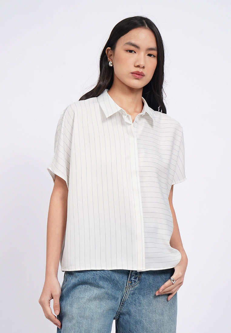 Regular Fit Short Sleeve Stripes Blouse