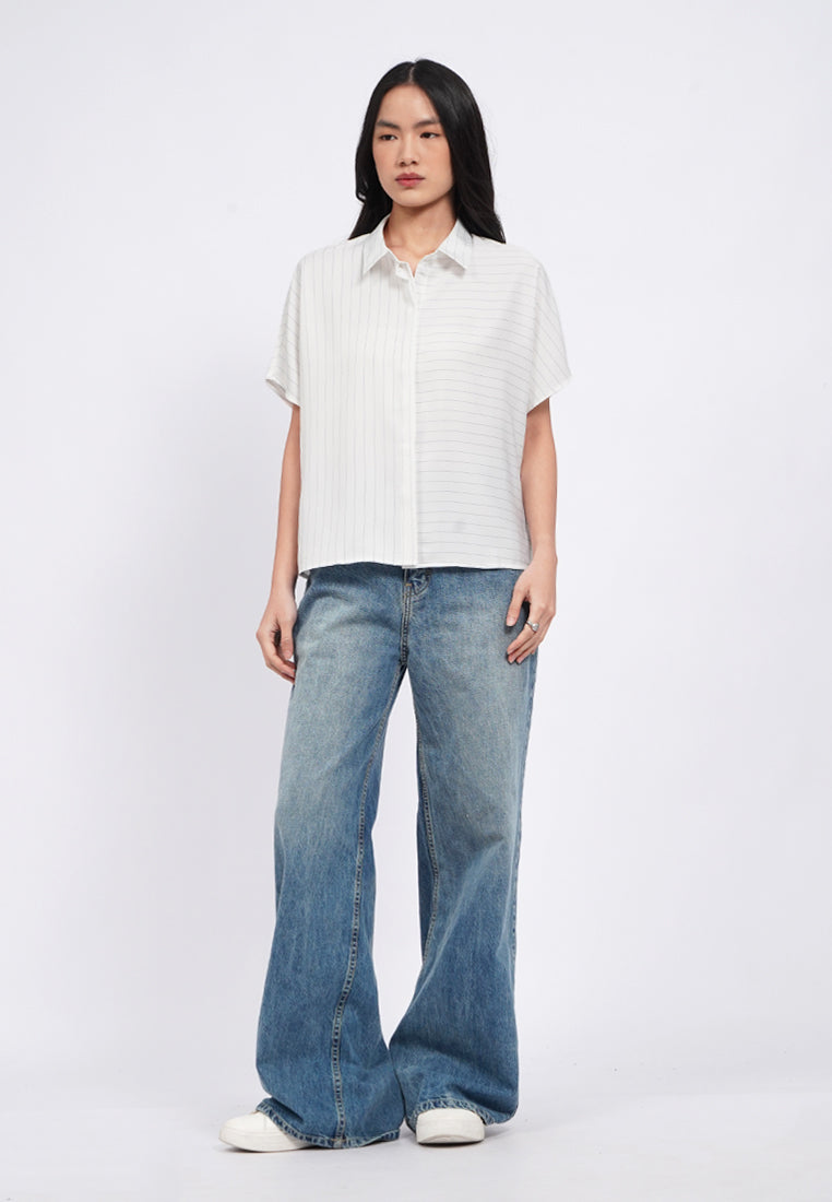 Regular Fit Short Sleeve Stripes Blouse