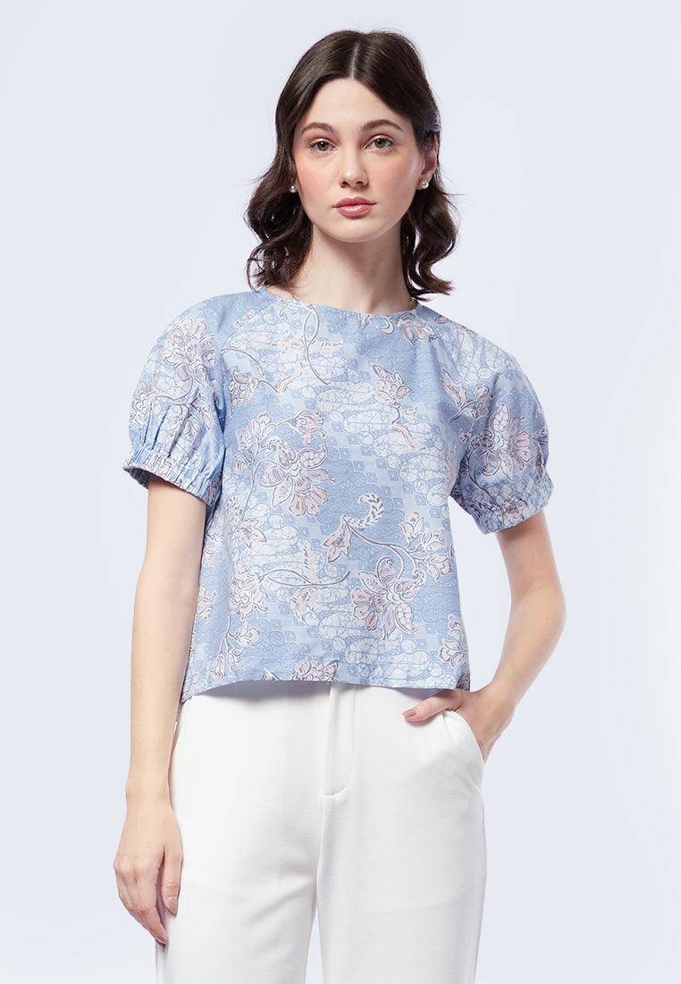 Round Neck Puff Sleeve Batik Top