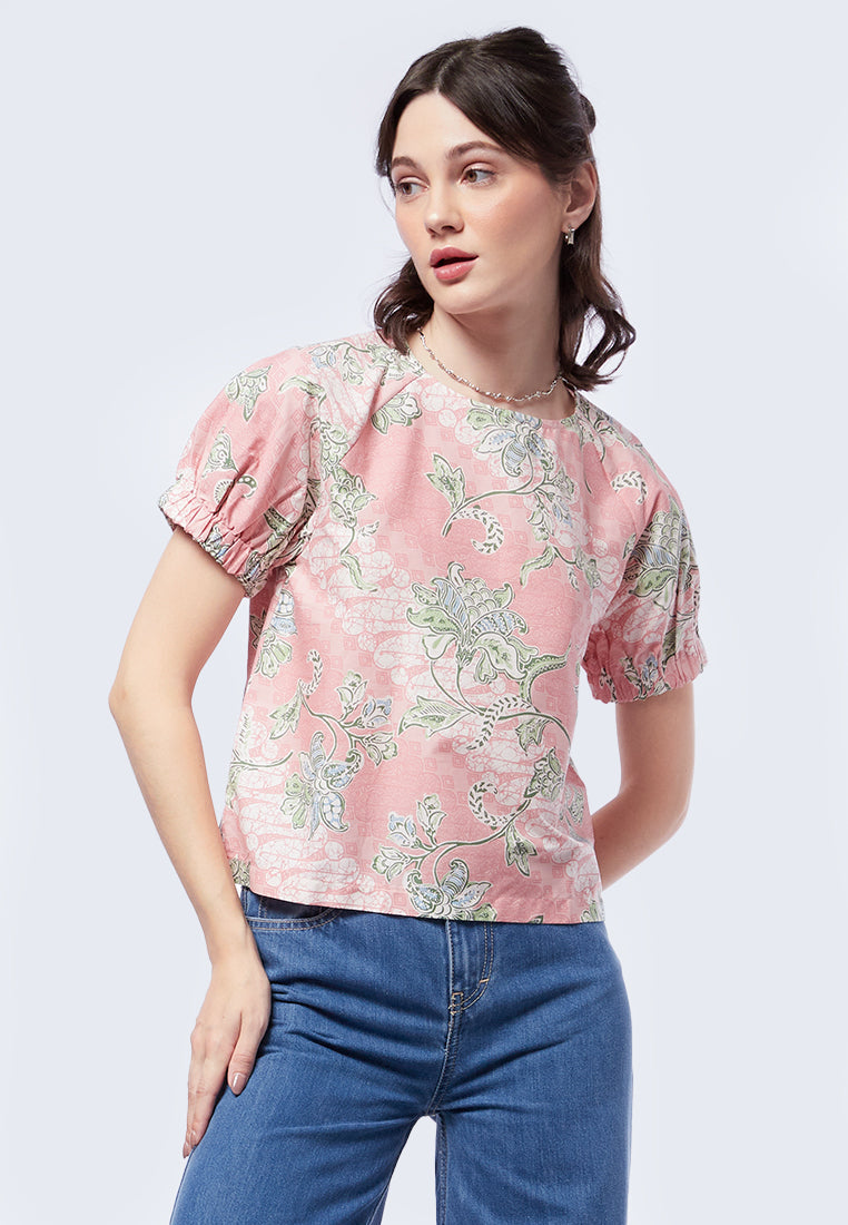 Round Neck Puff Sleeve Batik Top