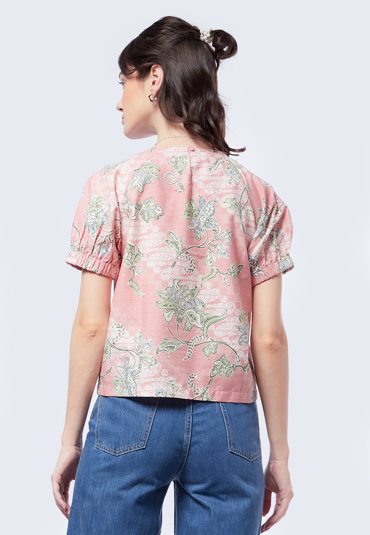 Round Neck Puff Sleeve Batik Top