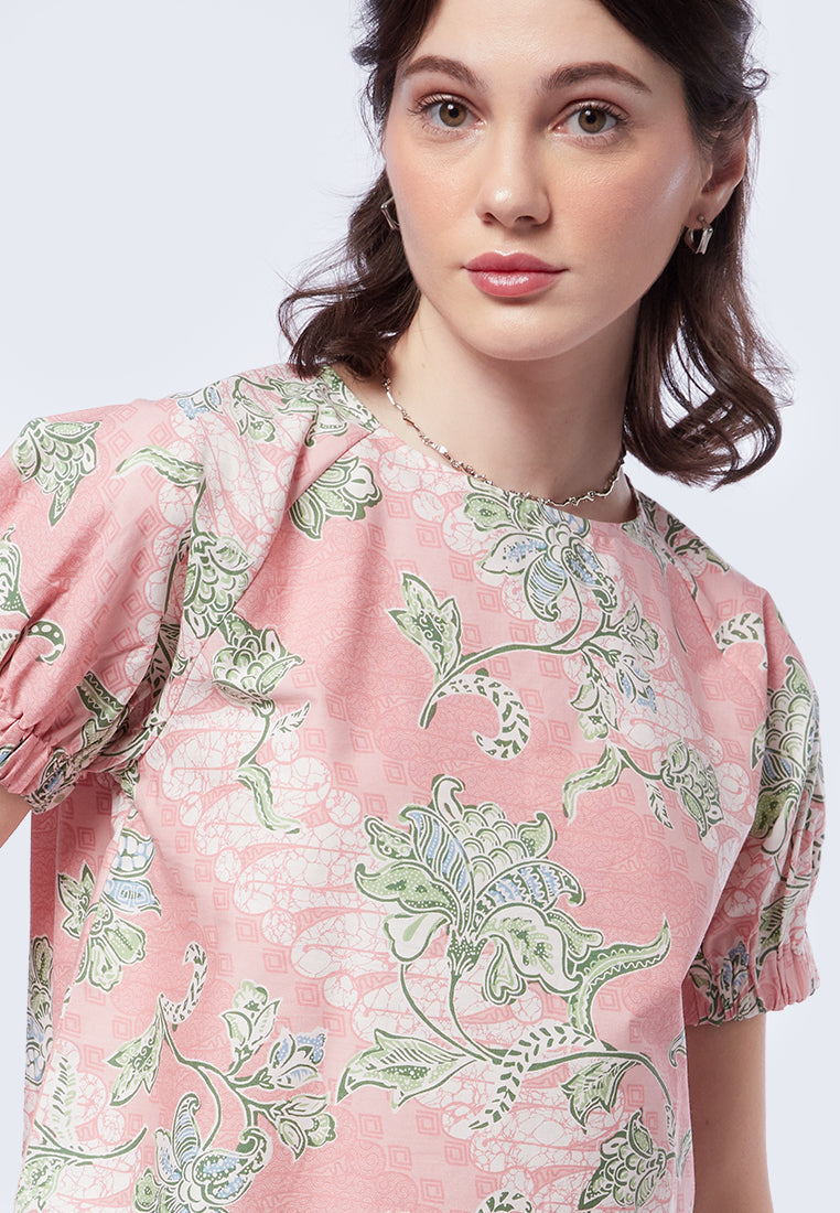 Round Neck Puff Sleeve Batik Top