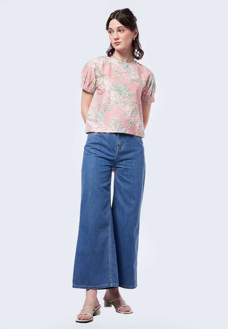 Round Neck Puff Sleeve Batik Top