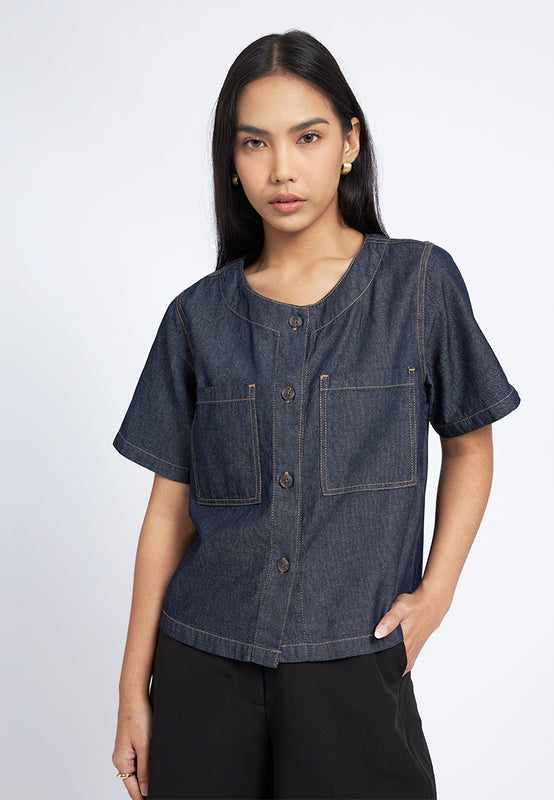 Boxy Denim Blouse with Pocket