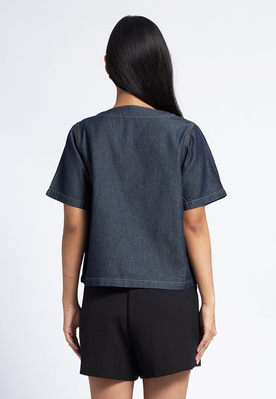 Boxy Denim Blouse with Pocket