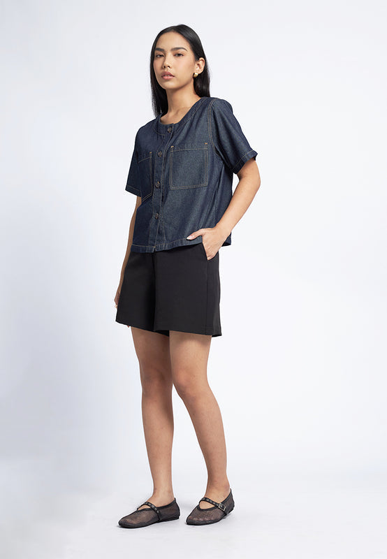 Boxy Denim Blouse with Pocket