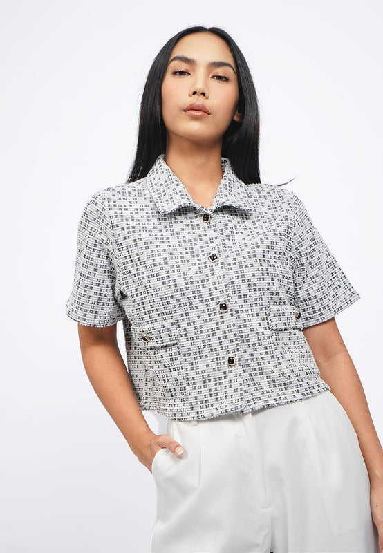 Collared Short Sleeve Tweed Blazer