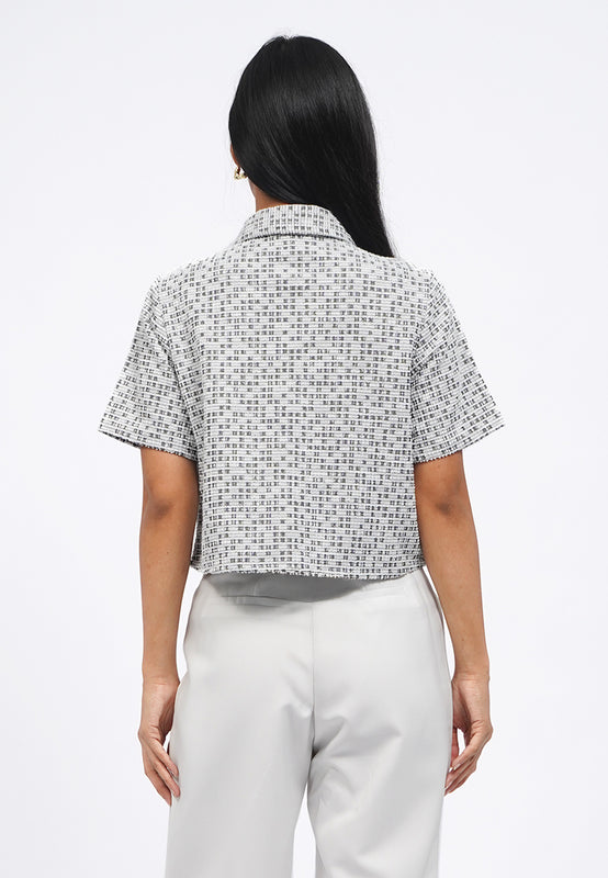 Collared Short Sleeve Tweed Blazer