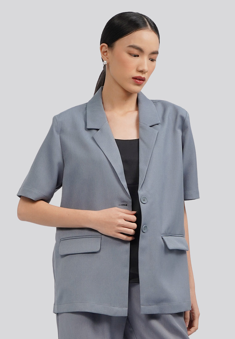 Short Sleeve Blazer with Lapel Dark Grey