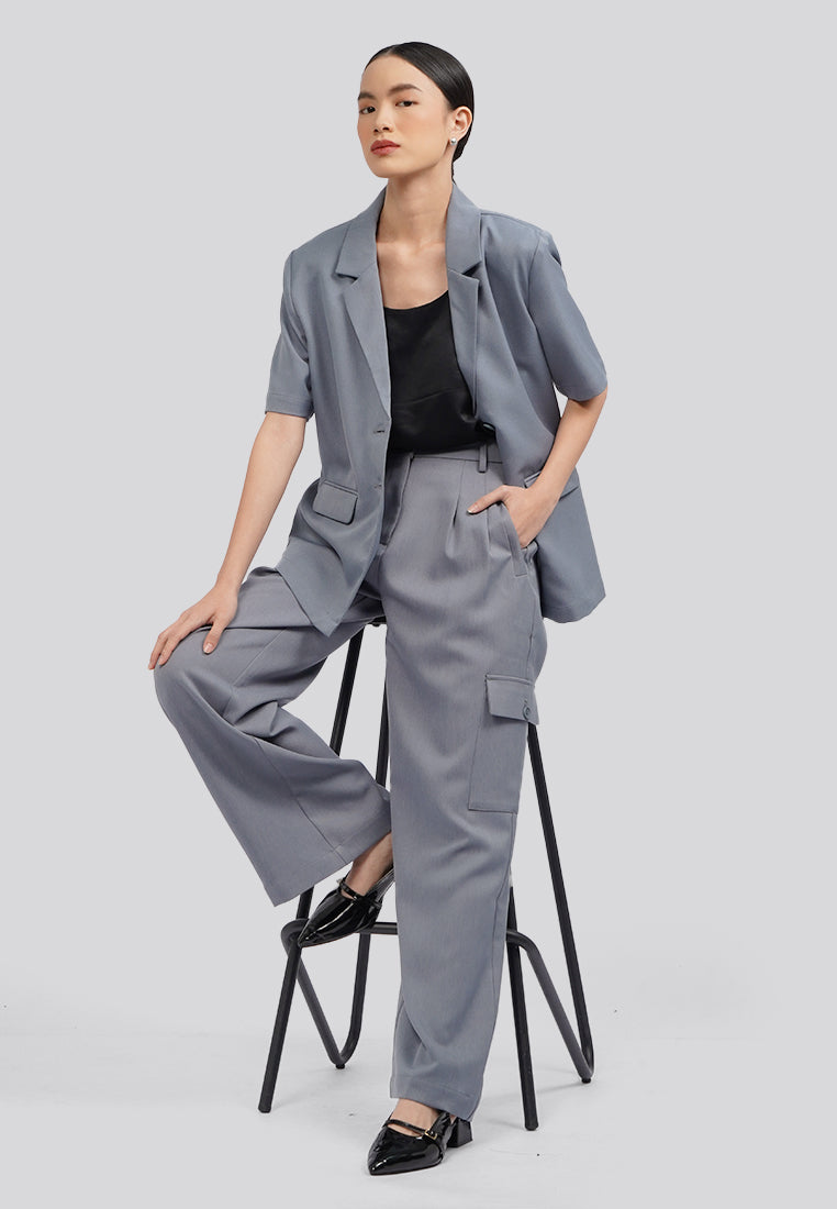 Short Sleeve Blazer with Lapel Dark Grey