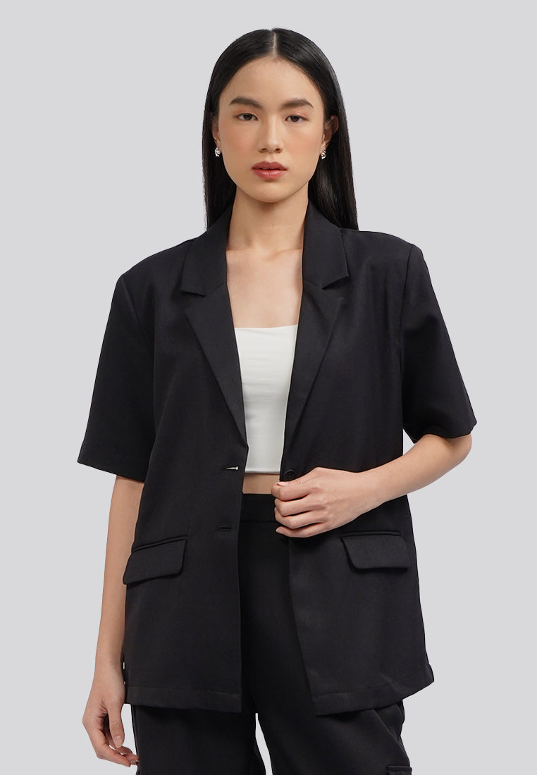 Short Sleeve Blazer with Lapel Black