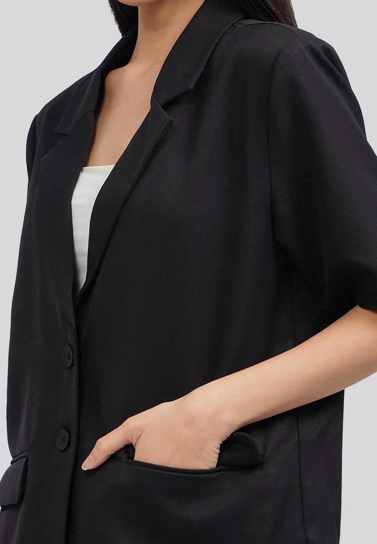 Short Sleeve Blazer with Lapel Black