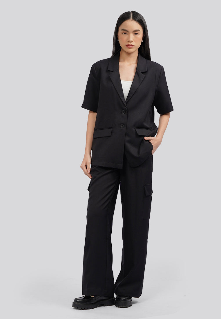 Short Sleeve Blazer with Lapel Black