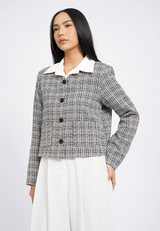 Detachable Collar Tweed Blazer