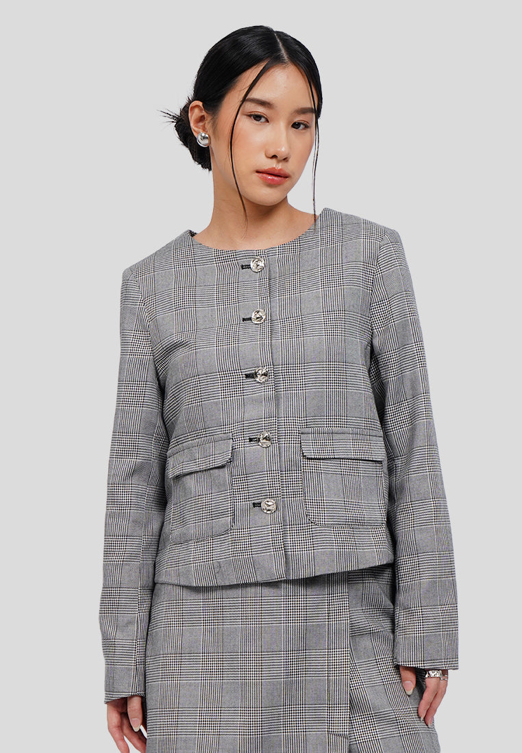 Round Neck Houndstooth Blazer