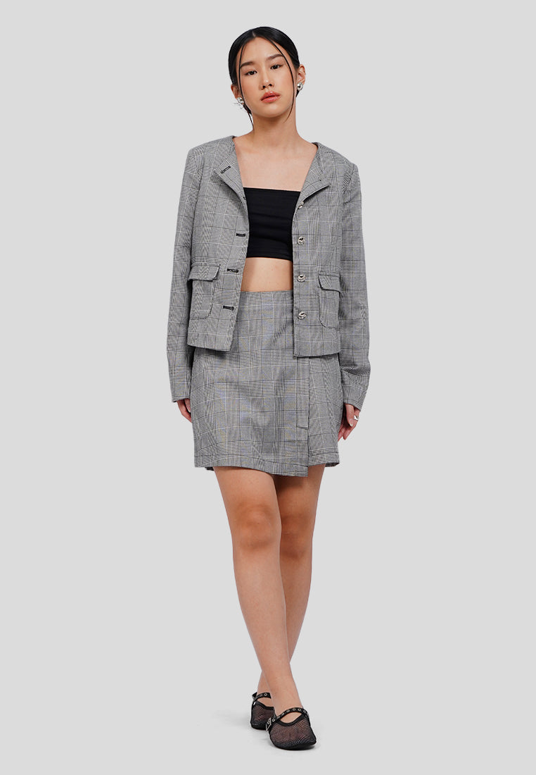 Round Neck Houndstooth Blazer