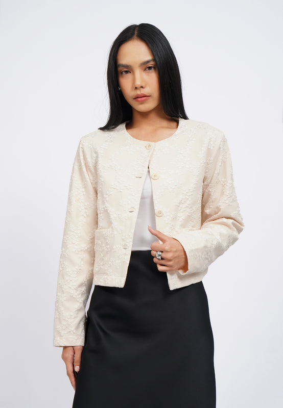 Round Neck Textured Crop Blazer