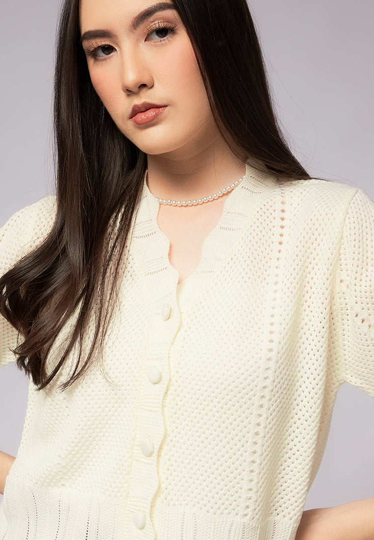 Openwork Puff Sleeve Scallop Top