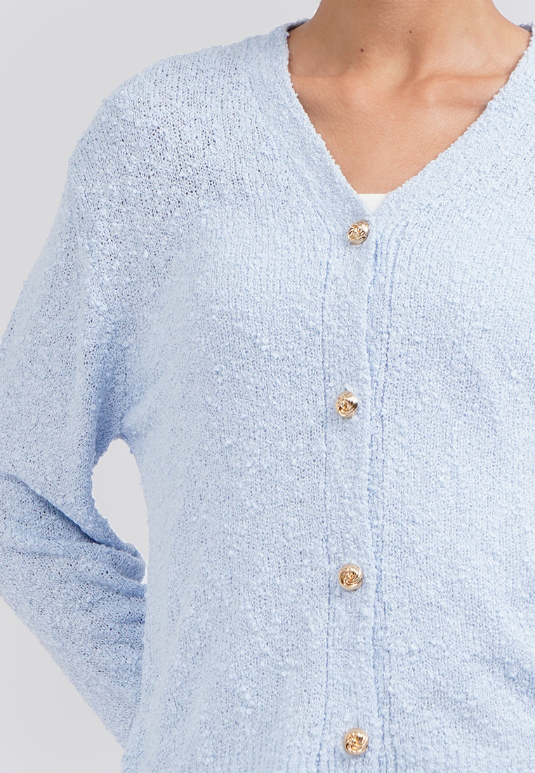 Textured Long Sleeve Knit Cardigan Ice Blue