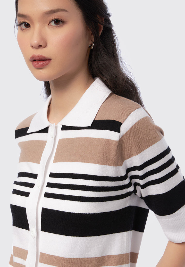 Short Sleeve Striped Knit Top Taupe