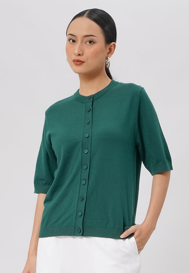 Round Neck Short Sleeve Knit Top Dark Green