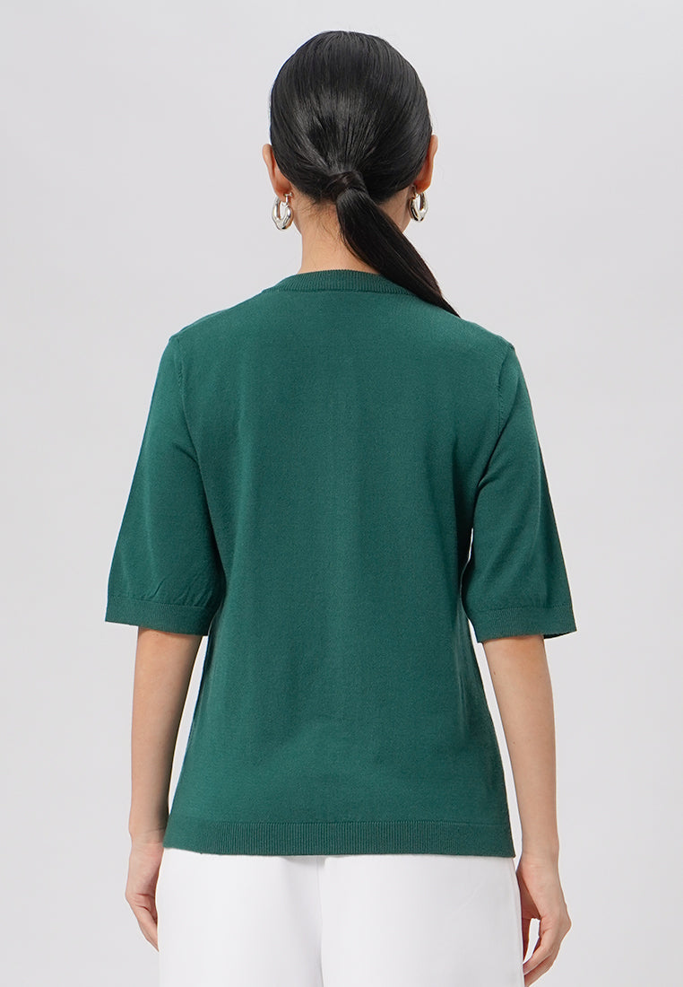 Round Neck Short Sleeve Knit Top Dark Green