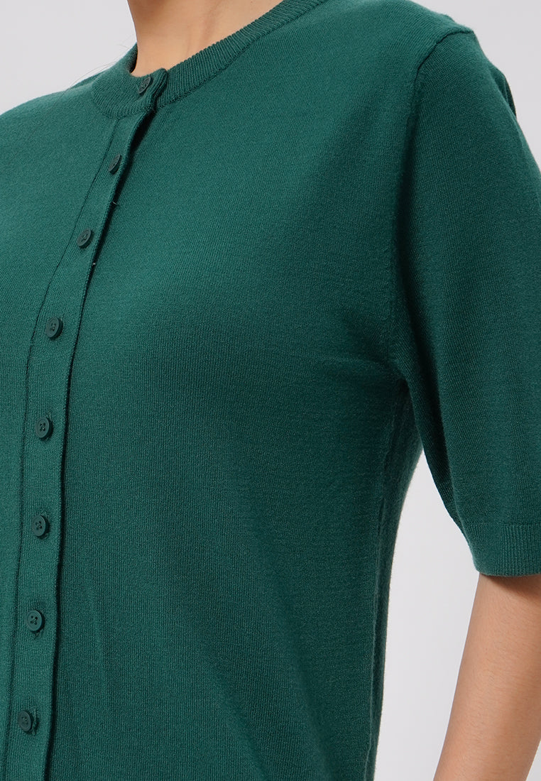 Round Neck Short Sleeve Knit Top Dark Green