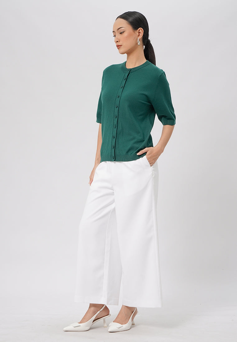 Round Neck Short Sleeve Knit Top Dark Green