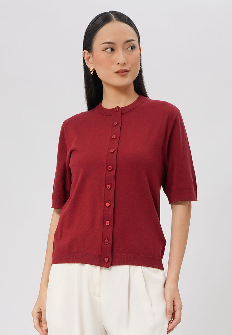 Round Neck Short Sleeve Knit Top Dark Red